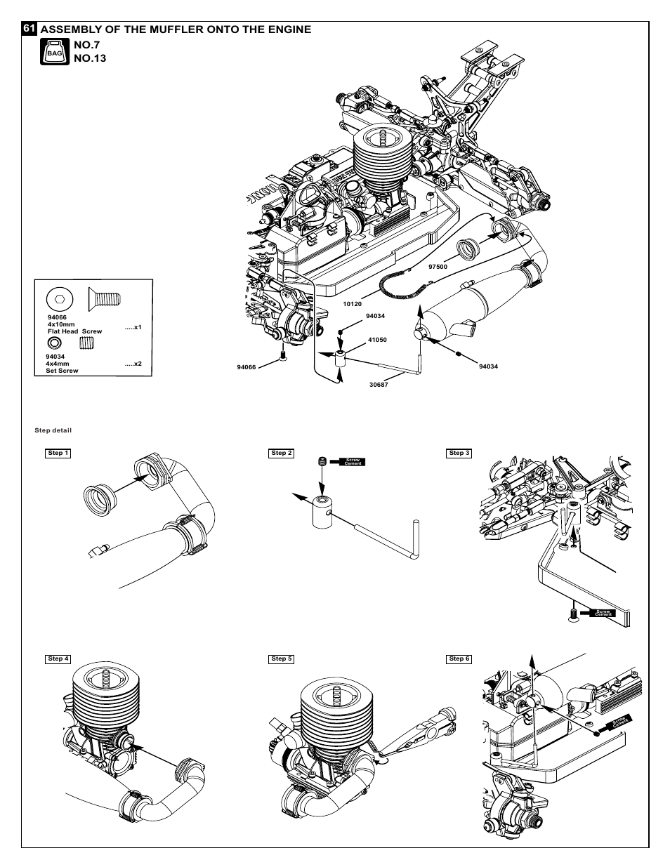 61 assembly of the muffler onto the engine no.7, No.13 | OFNA Racing X3 Sabre User Manual | Page 33 / 54