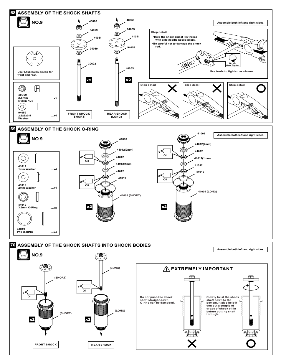 70 assembly of the shock shafts into shock bodies, Extremely important, 68 assembly of the shock shafts | Assembly of the shock o-ring, 69 no.9, No.9 | OFNA Racing X3 Sabre User Manual | Page 37 / 54