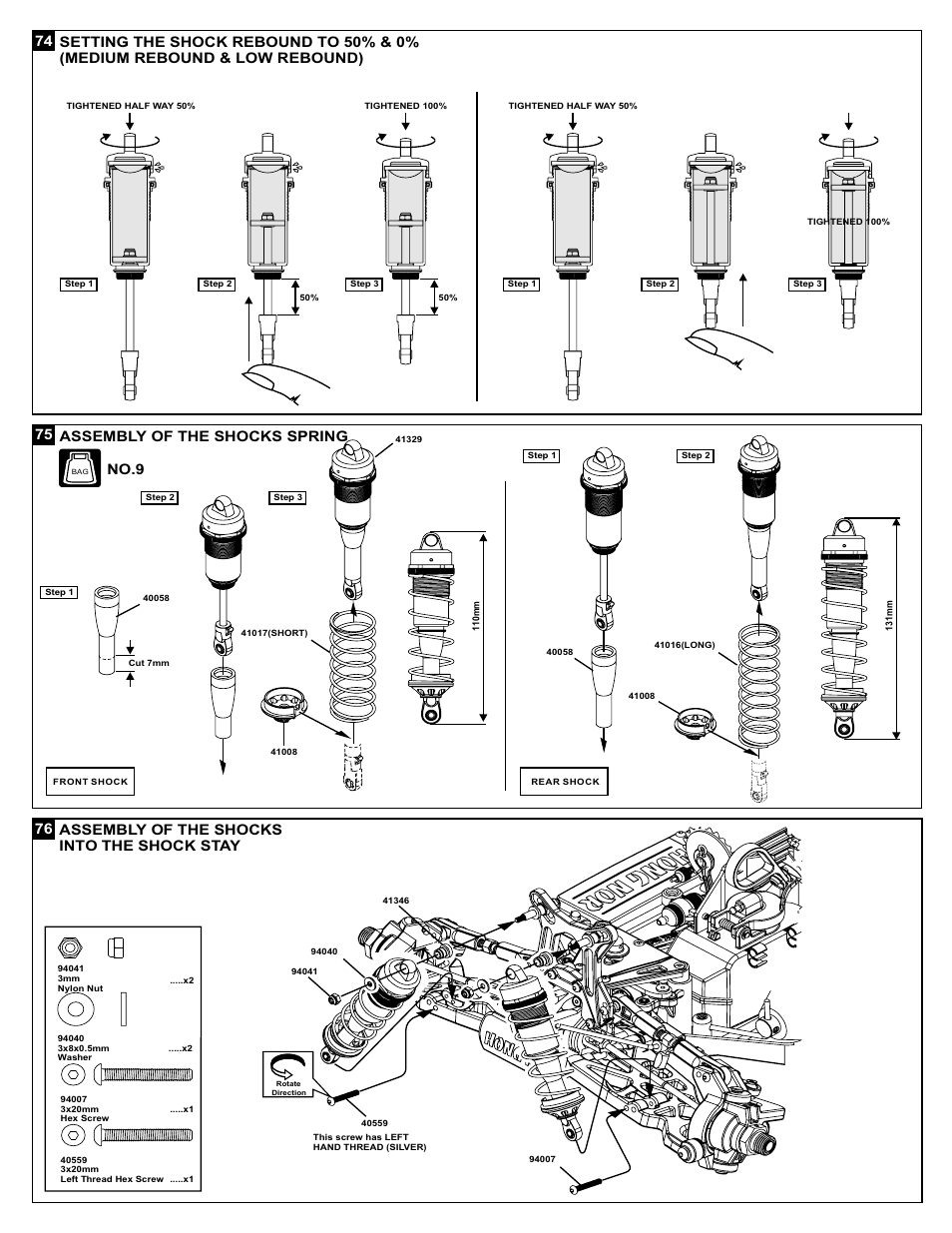 75 assembly of the shocks spring, 76 assembly of the shocks into the shock stay, No.9 | OFNA Racing X3 Sabre User Manual | Page 39 / 54