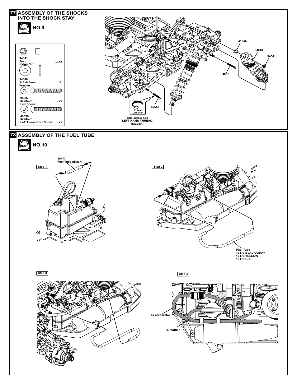 77 assembly of the shocks into the shock stay no.9, 78 assembly of the fuel tube no.10 | OFNA Racing X3 Sabre User Manual | Page 40 / 54