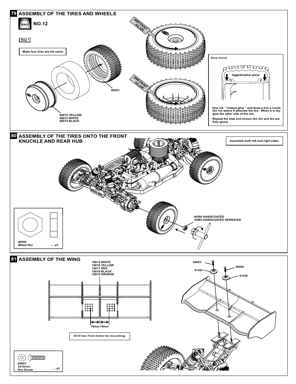 79 assembly of the tires and wheels, No.12, 81 assembly of the wing | OFNA Racing X3 Sabre User Manual | Page 41 / 54
