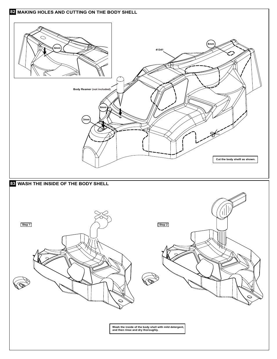Making holes and cutting on the body shell, Wash the inside of the body shell | OFNA Racing X3 Sabre User Manual | Page 42 / 54