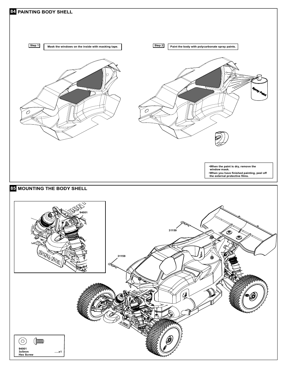 Painting body shell mounting the body shell | OFNA Racing X3 Sabre User Manual | Page 43 / 54