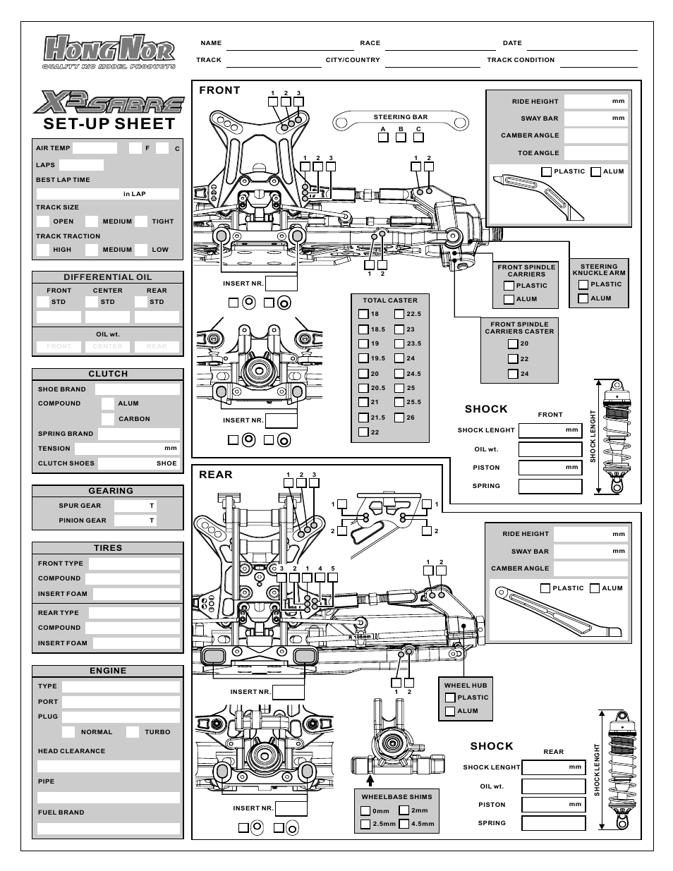 Set-up sheet, Front rear, Shock | OFNA Racing X3 Sabre User Manual | Page 49 / 54