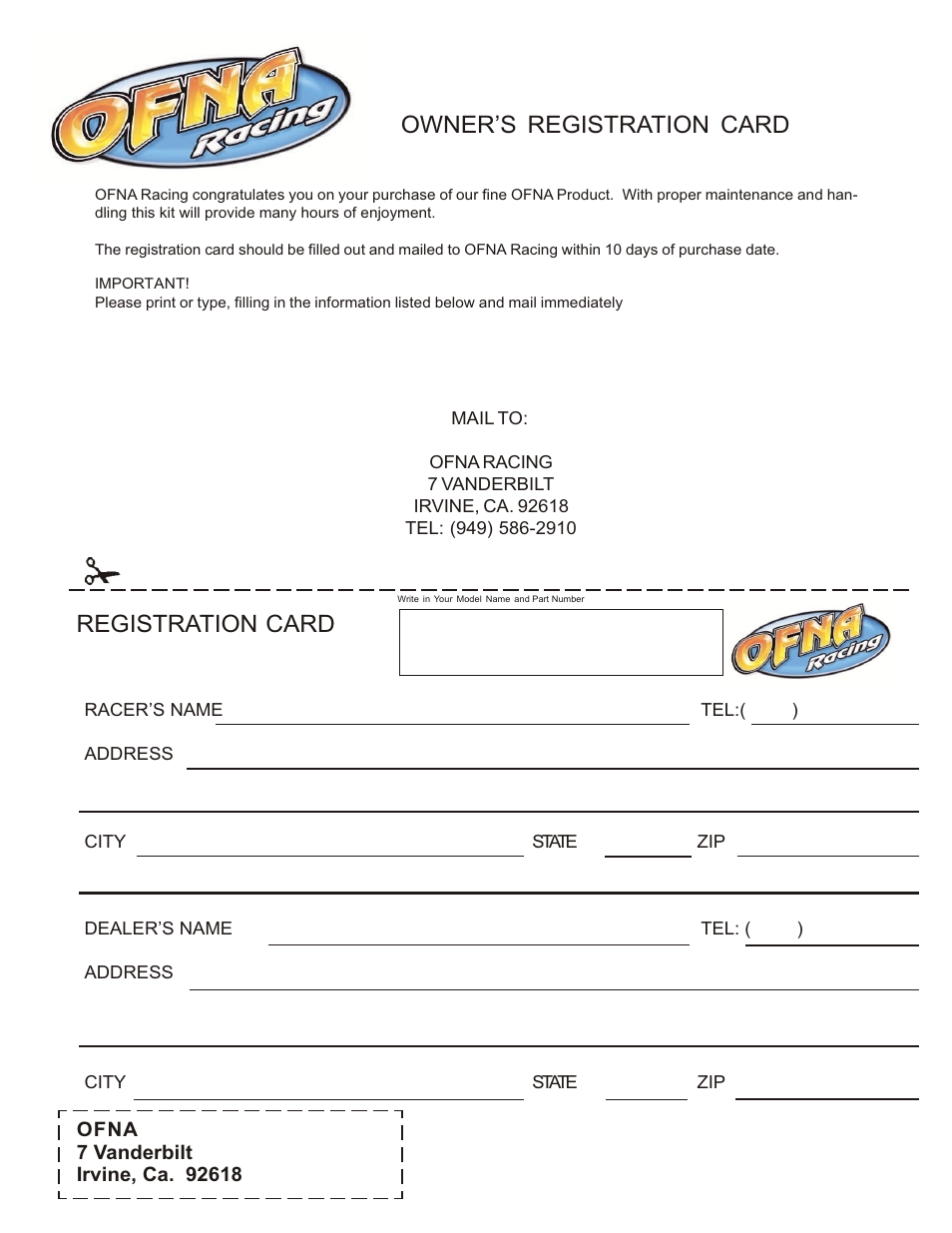Owner’s registration card registration card | OFNA Racing X3 Sabre User Manual | Page 53 / 54