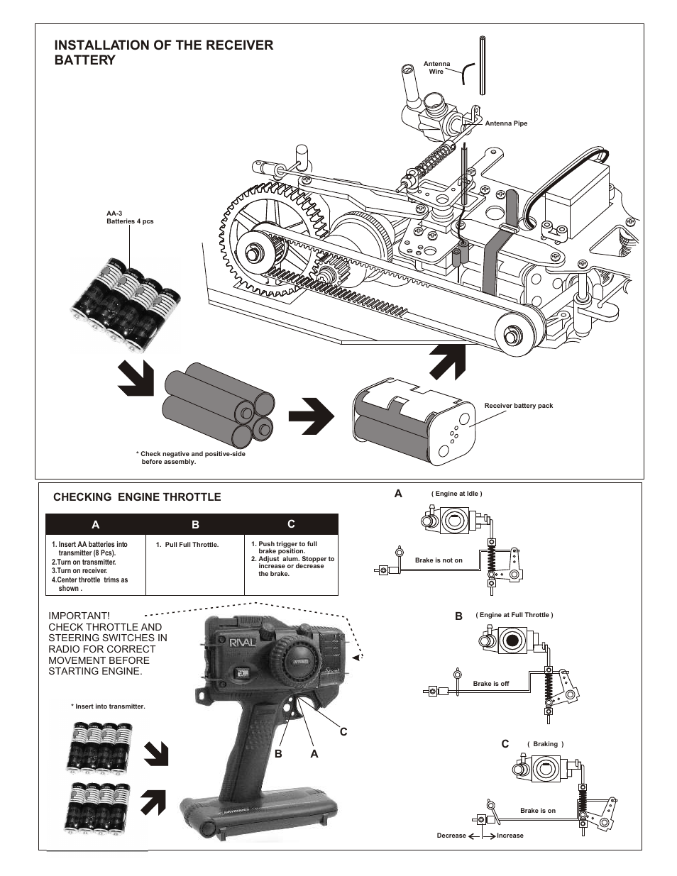 Parts used, Installation of the receiver battery, Ab c checking engine throttle | Ab c | OFNA Racing Z-10 User Manual | Page 4 / 6