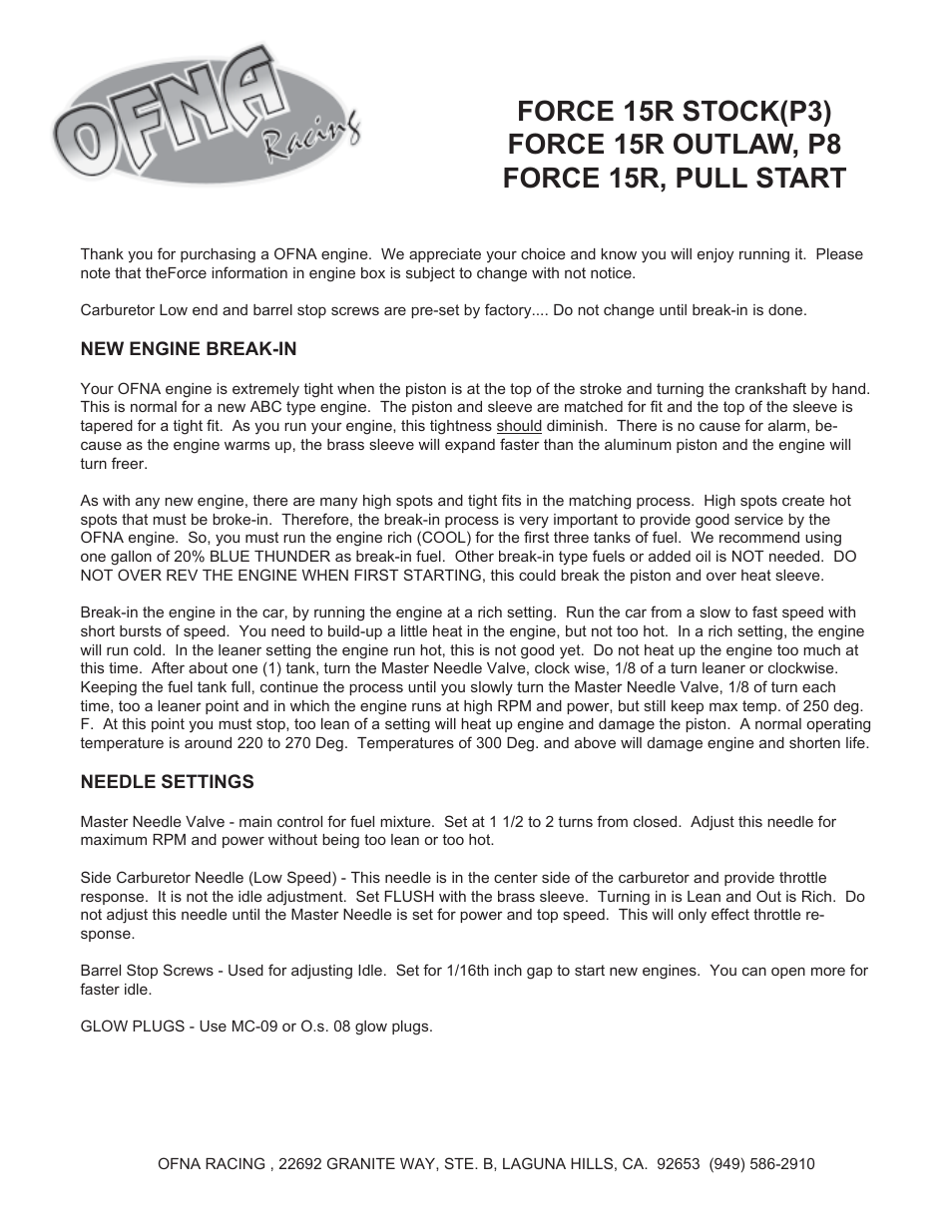 OFNA Racing Force .15 R User Manual | 2 pages