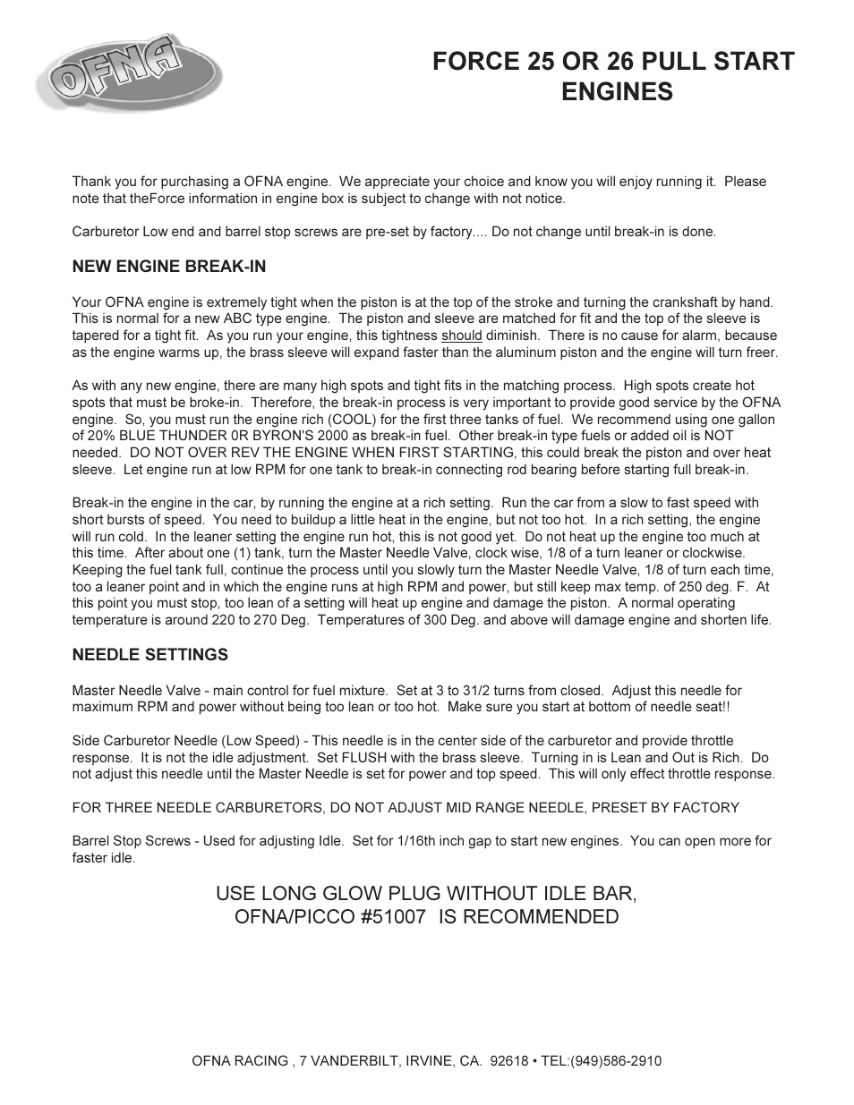 OFNA Racing Force .25 & .26 User Manual | 2 pages