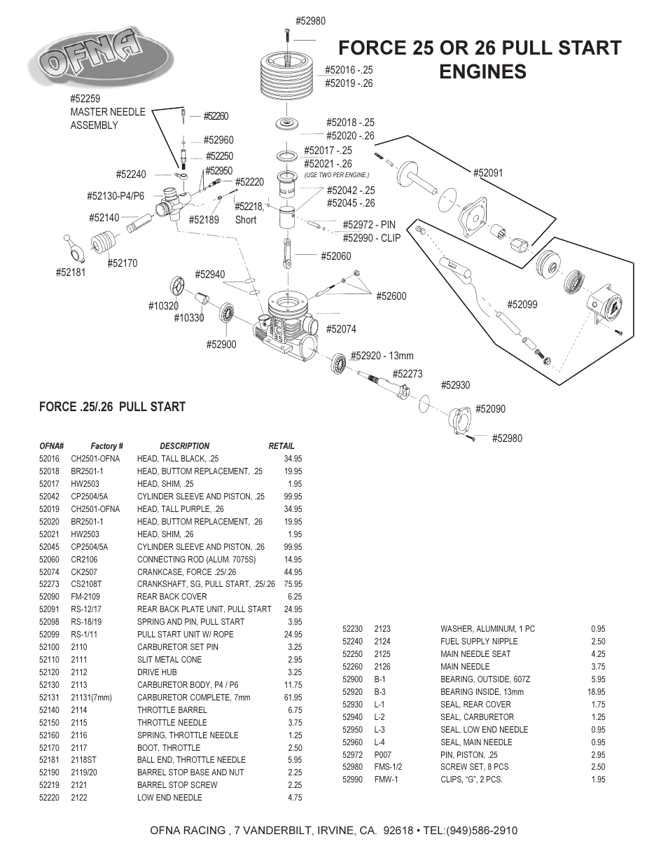 Force 25 or 26 pull start engines, Force .25/.26 pull start | OFNA Racing Force .25 & .26 User Manual | Page 2 / 2