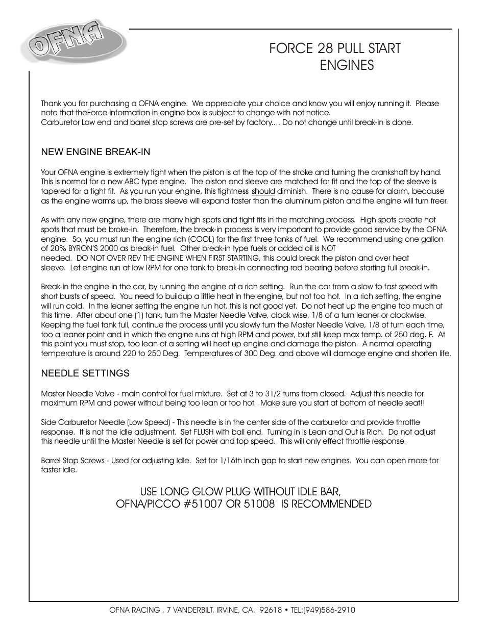 OFNA Racing Force .28 User Manual | 2 pages