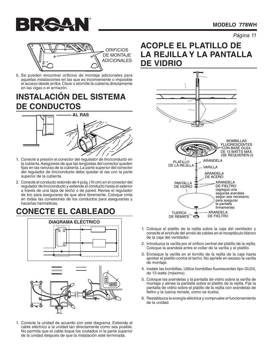 Conecte el cableado | Broan 778WH User Manual | Page 11 / 12