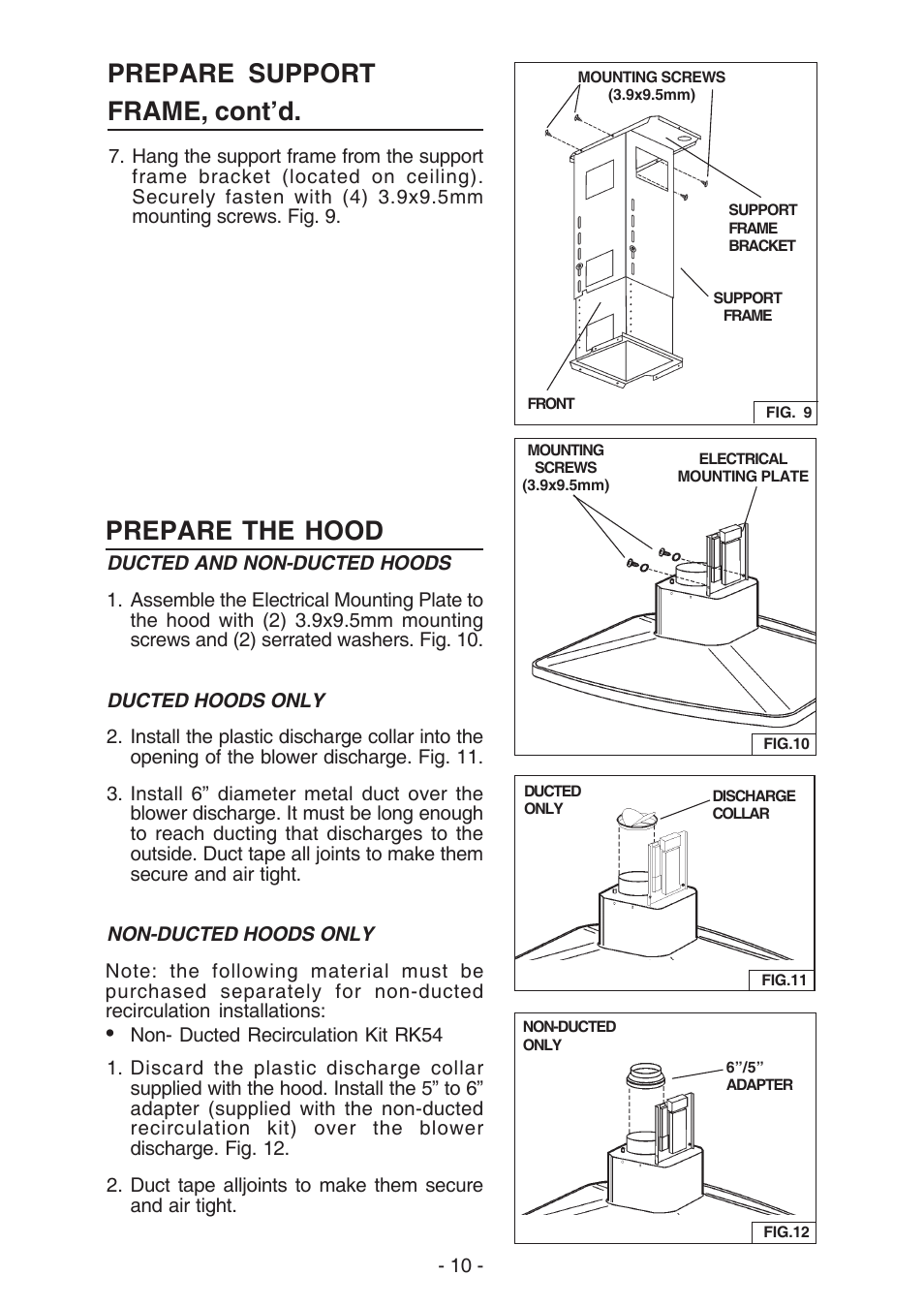 Prepare support frame, cont’d, Prepare the hood | Broan ELITE E54000 User Manual | Page 10 / 44