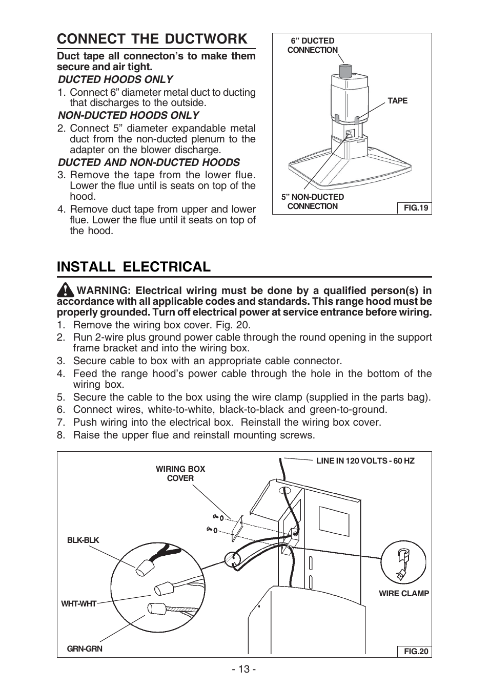 Connect the ductwork, Install electrical | Broan ELITE E54000 User Manual | Page 13 / 44