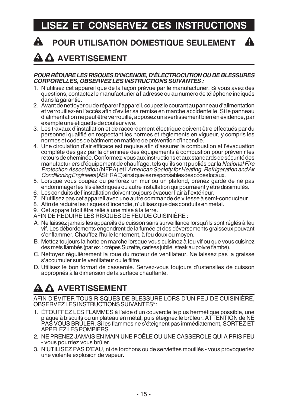 Lisez et conservez ces instructions, Avertissement, Pour utilisation domestique seulement | Broan ELITE E54000 User Manual | Page 15 / 44