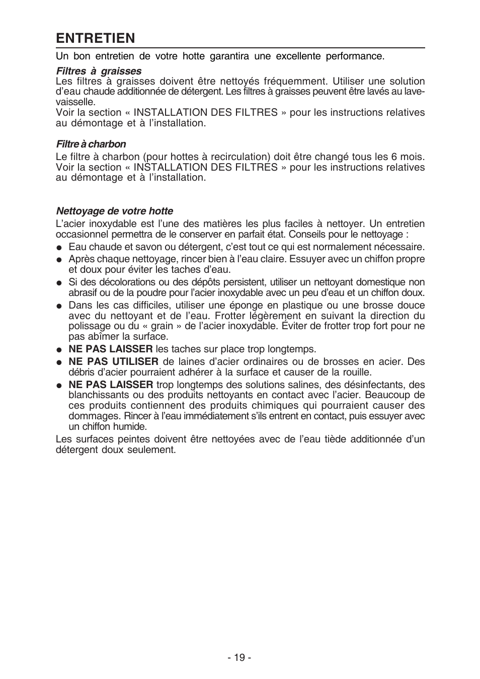 Entretien | Broan ELITE E54000 User Manual | Page 19 / 44