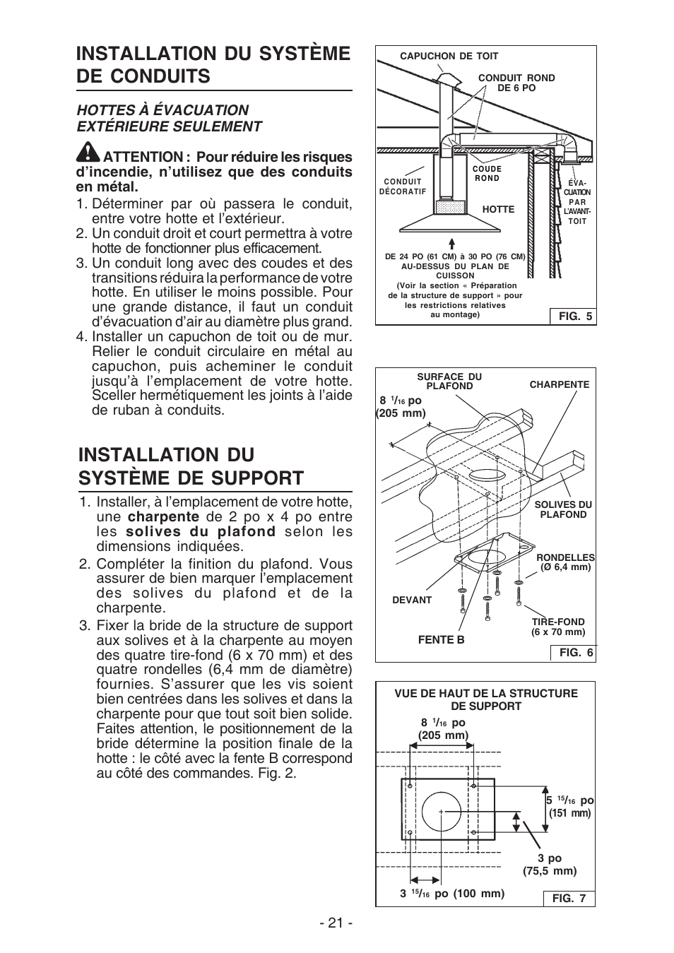 Installation du système de conduits, Installation du système de support, Hottes à évacuation extérieure seulement | Broan ELITE E54000 User Manual | Page 21 / 44