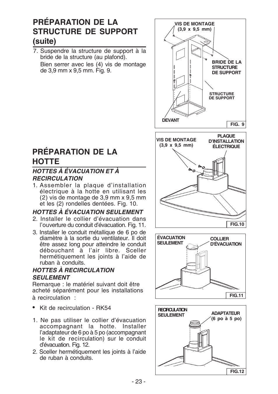 Préparation de la structure de support (suite), Préparation de la hotte | Broan ELITE E54000 User Manual | Page 23 / 44