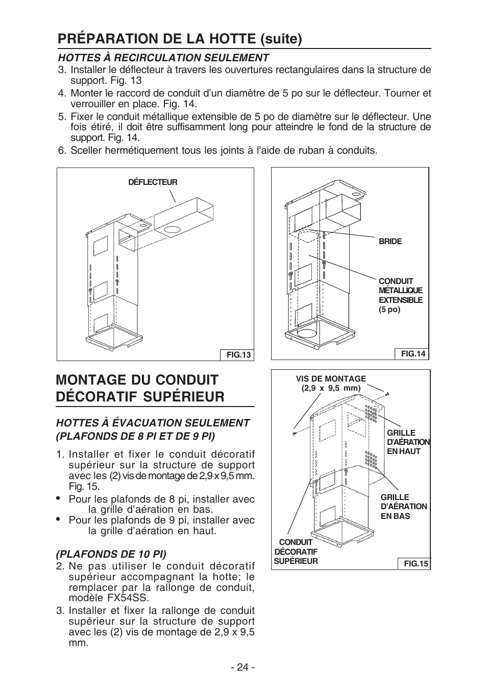 Préparation de la hotte (suite), Montage du conduit décoratif supérieur | Broan ELITE E54000 User Manual | Page 24 / 44