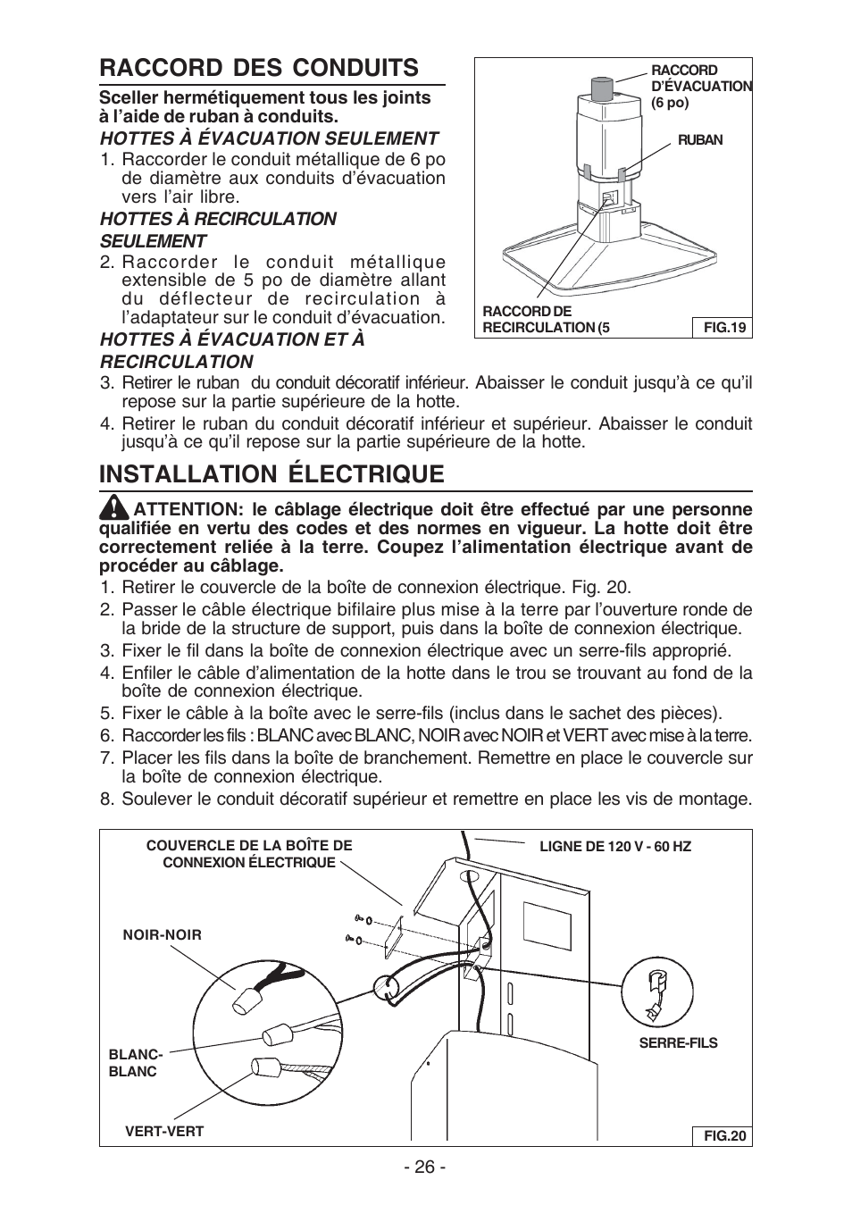 Raccord des conduits, Installation électrique | Broan ELITE E54000 User Manual | Page 26 / 44