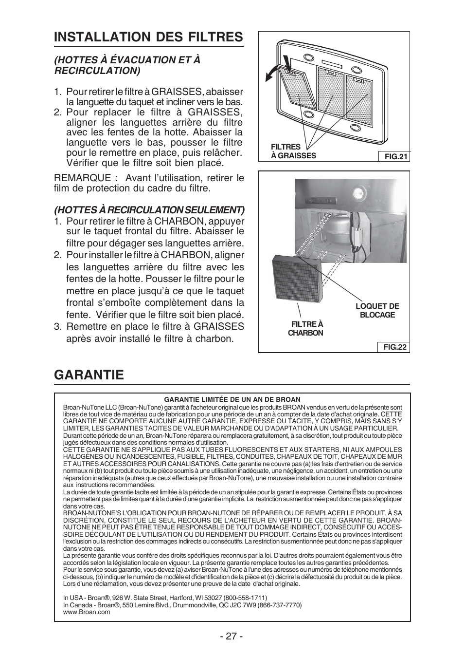 Installation des filtres, Garantie | Broan ELITE E54000 User Manual | Page 27 / 44