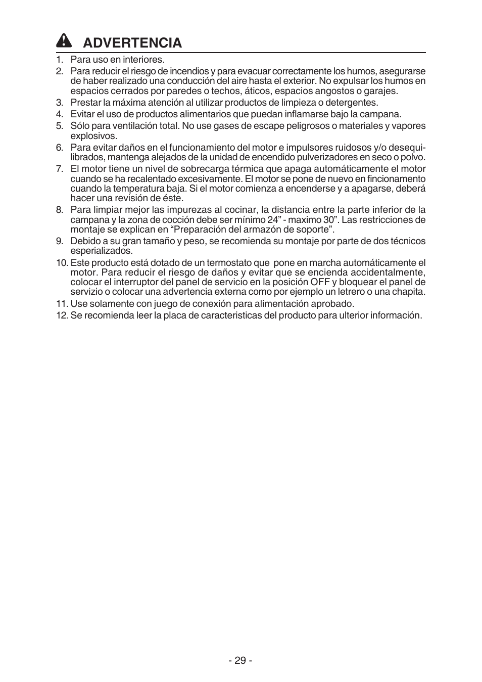 Advertencia | Broan ELITE E54000 User Manual | Page 29 / 44