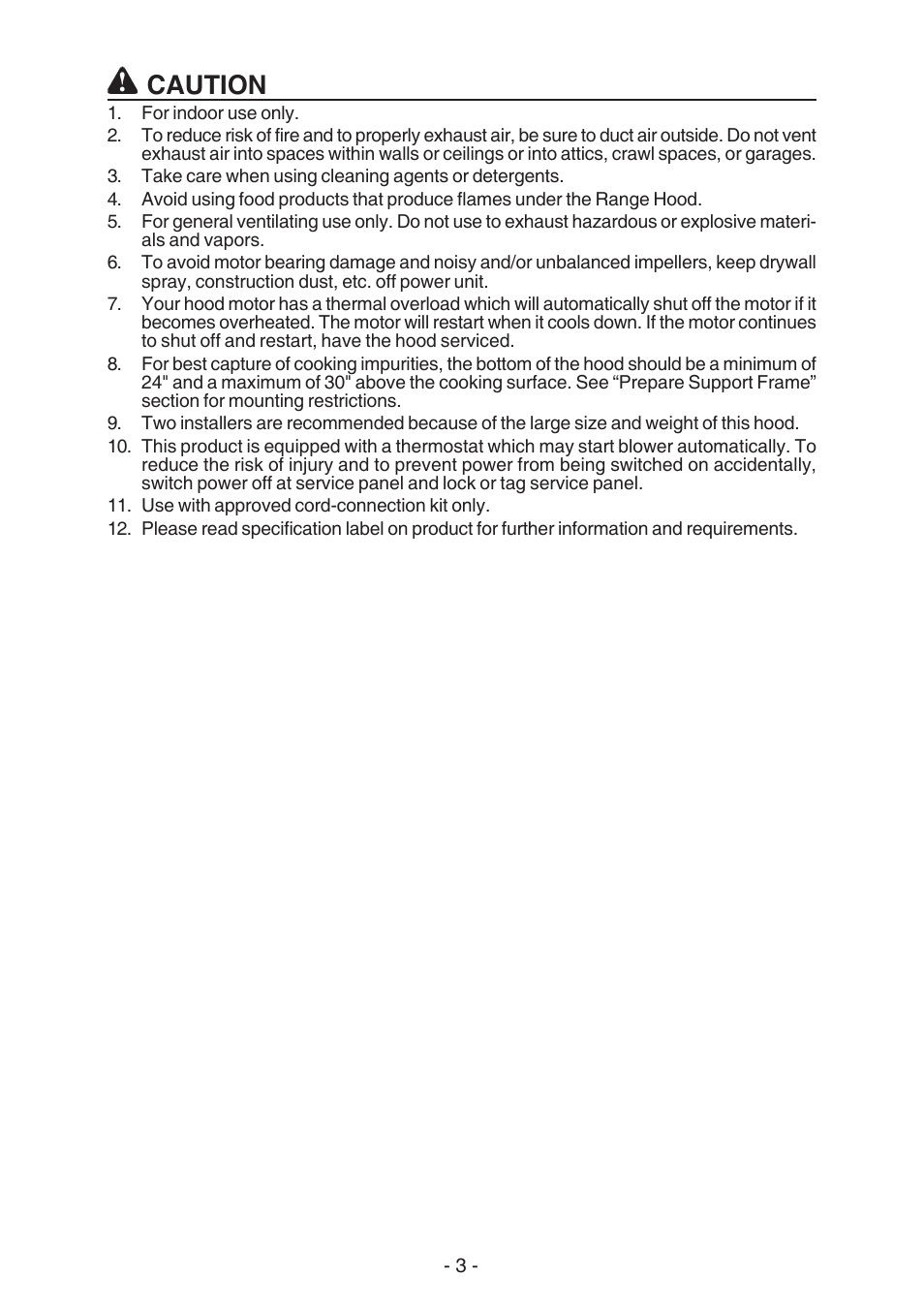 Caution | Broan ELITE E54000 User Manual | Page 3 / 44