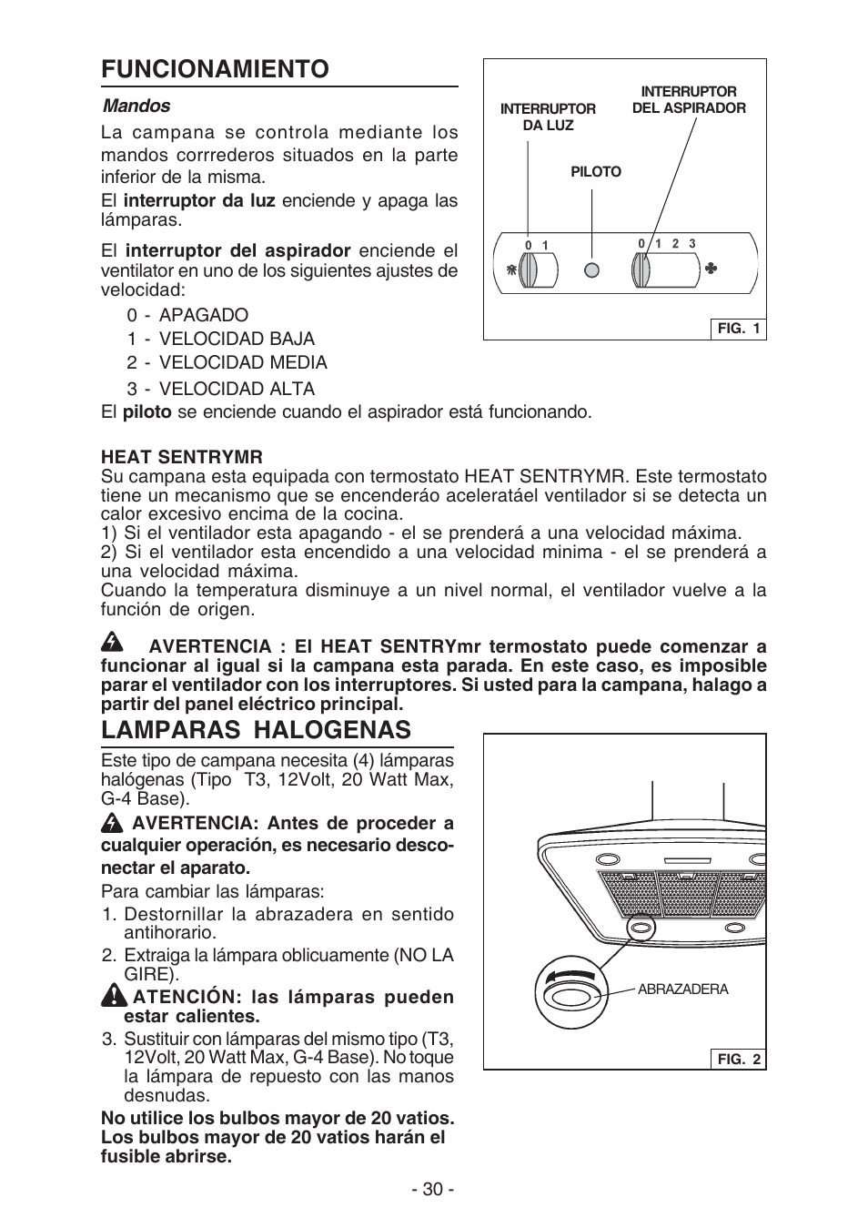 Funcionamiento, Lamparas halogenas | Broan ELITE E54000 User Manual | Page 30 / 44