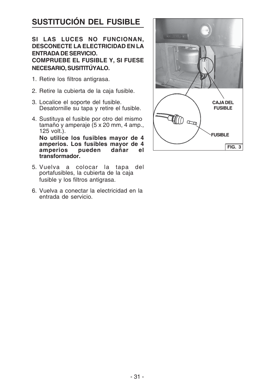 Sustitución del fusible | Broan ELITE E54000 User Manual | Page 31 / 44