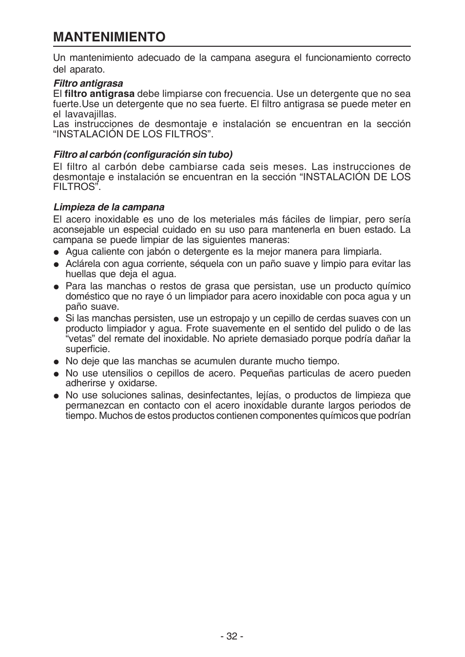 Mantenimiento | Broan ELITE E54000 User Manual | Page 32 / 44