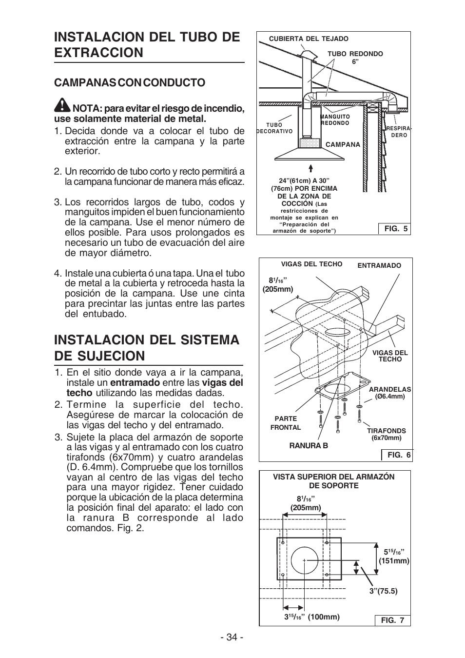 Instalacion del tubo de extraccion, Instalacion del sistema de sujecion, Campanas con conducto | Broan ELITE E54000 User Manual | Page 34 / 44