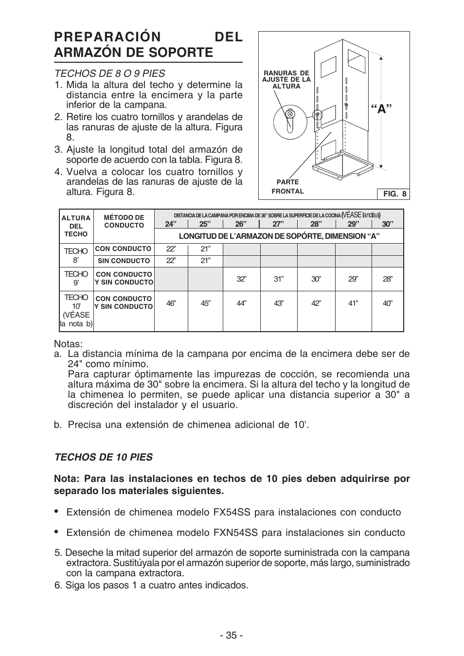 Preparación del armazón de soporte | Broan ELITE E54000 User Manual | Page 35 / 44