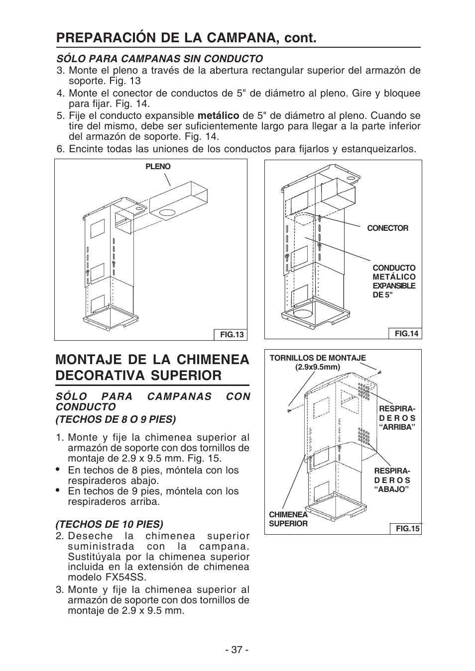 Preparación de la campana, cont, Montaje de la chimenea decorativa superior | Broan ELITE E54000 User Manual | Page 37 / 44
