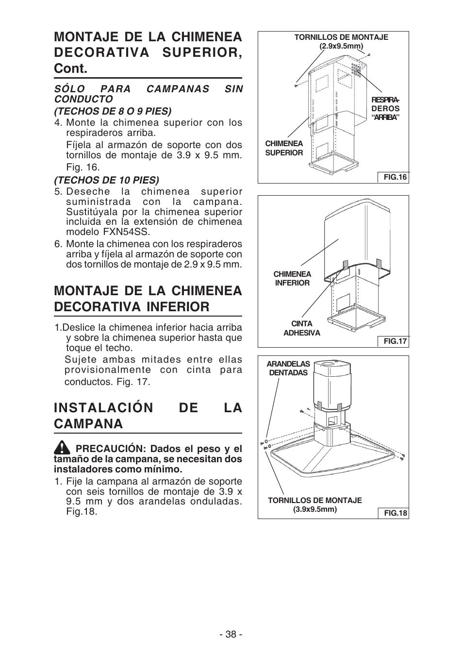 Montaje de la chimenea decorativa superior, cont, Montaje de la chimenea decorativa inferior, Instalación de la campana | Broan ELITE E54000 User Manual | Page 38 / 44