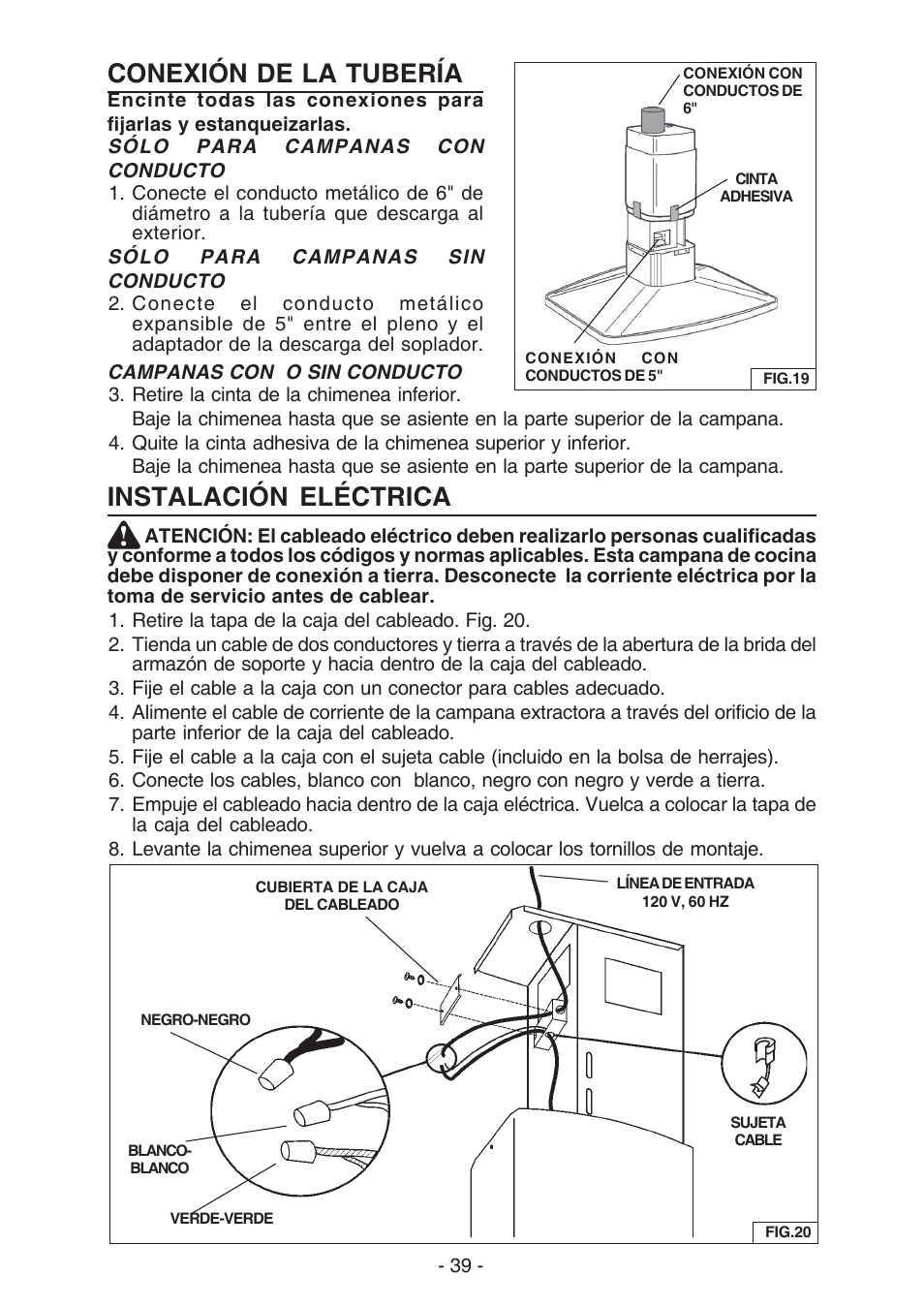 Conexión de la tubería, Instalación eléctrica | Broan ELITE E54000 User Manual | Page 39 / 44