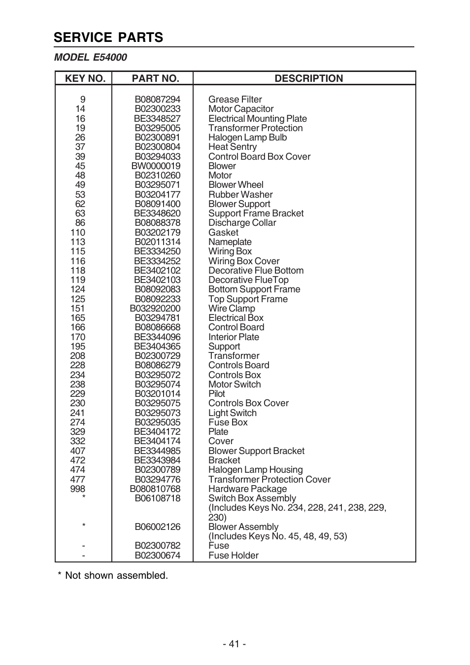 Service parts | Broan ELITE E54000 User Manual | Page 41 / 44