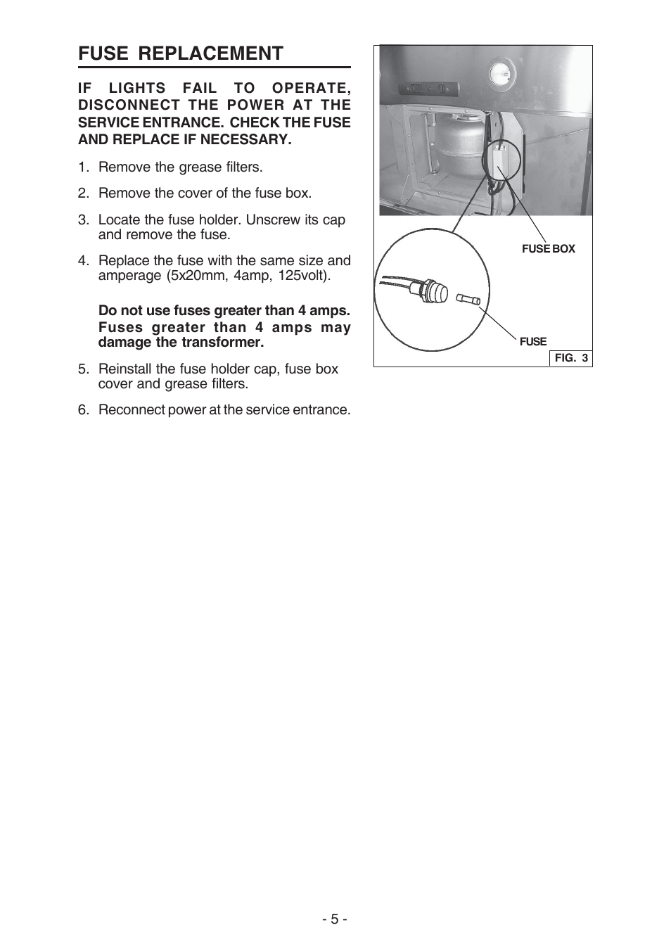 Fuse replacement | Broan ELITE E54000 User Manual | Page 5 / 44