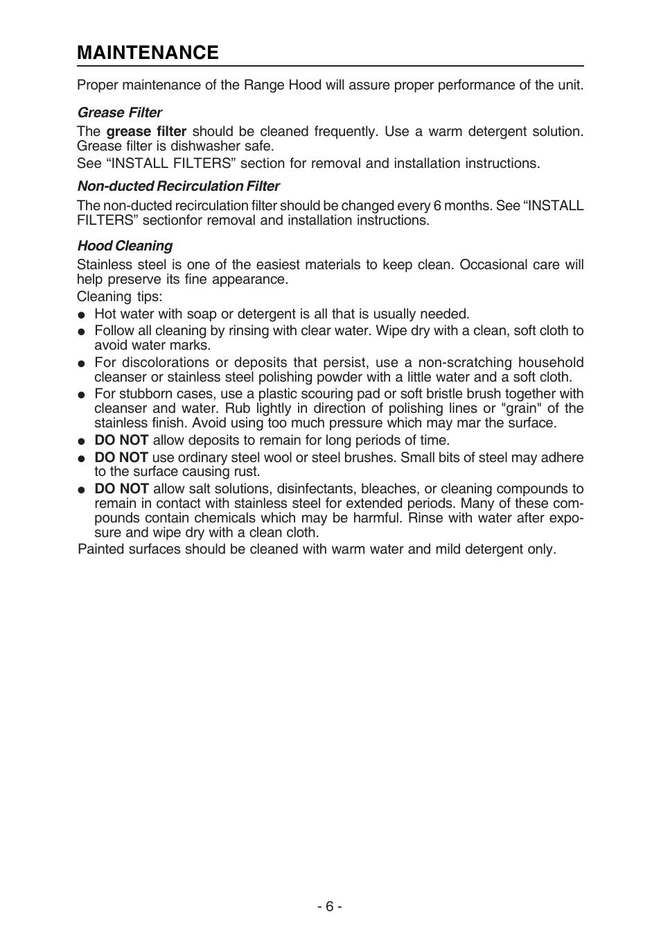 Maintenance | Broan ELITE E54000 User Manual | Page 6 / 44