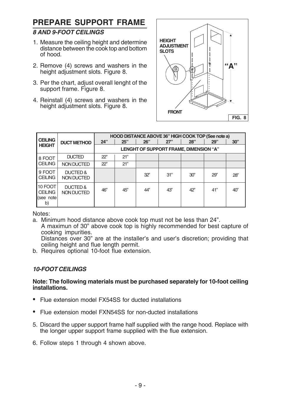 Prepare support frame | Broan ELITE E54000 User Manual | Page 9 / 44