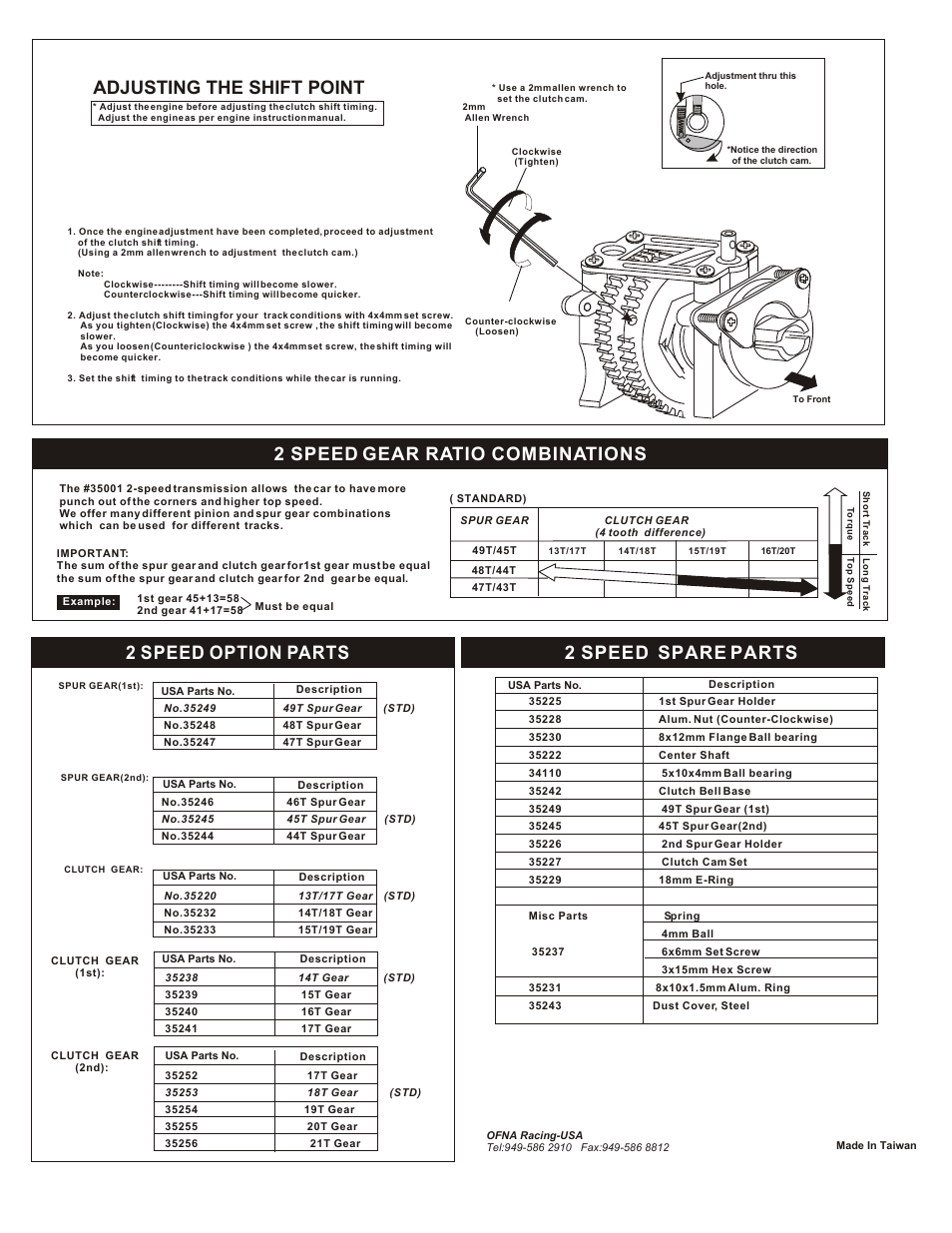 2 speed option parts 2 speed spare parts, 2 speed gear ratio combinations, Adjusting the shift point | OFNA Racing 2-Speed, Cam User Manual | Page 3 / 3