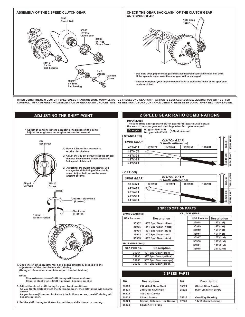 Adjusting the shift point, 2 speed gear ratio combinations | OFNA Racing 2-Speed, Shoe, OB4 1/10th Scale User Manual | Page 2 / 2