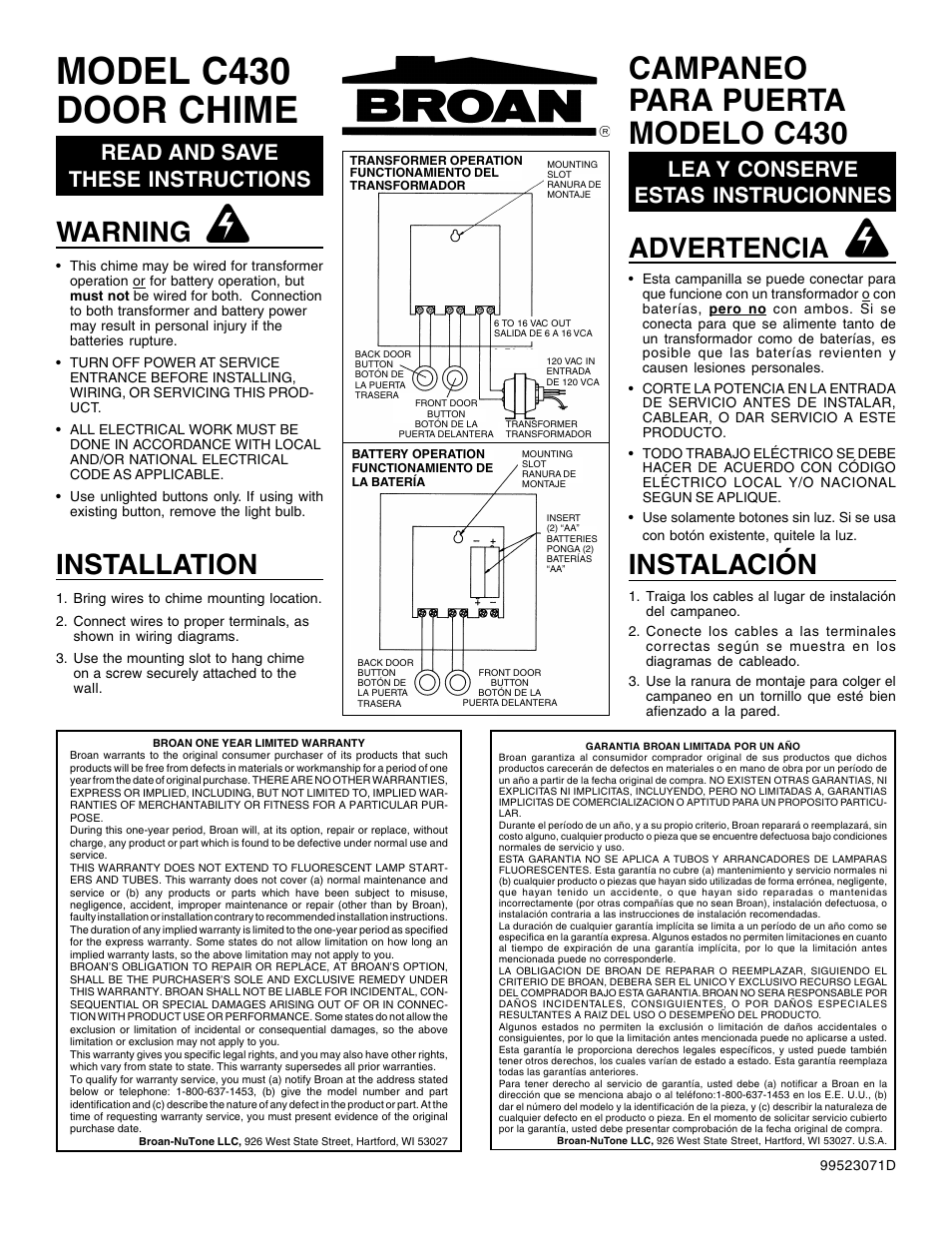 Broan C430 User Manual | 1 page