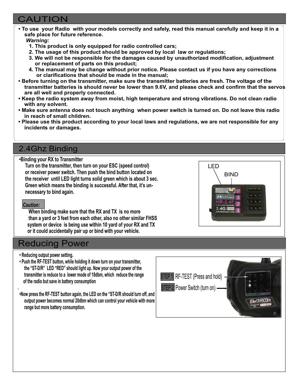 Reducing power, Caution, 4ghz binding | OFNA Racing Ho Bao RTR Radio User Manual | Page 3 / 9