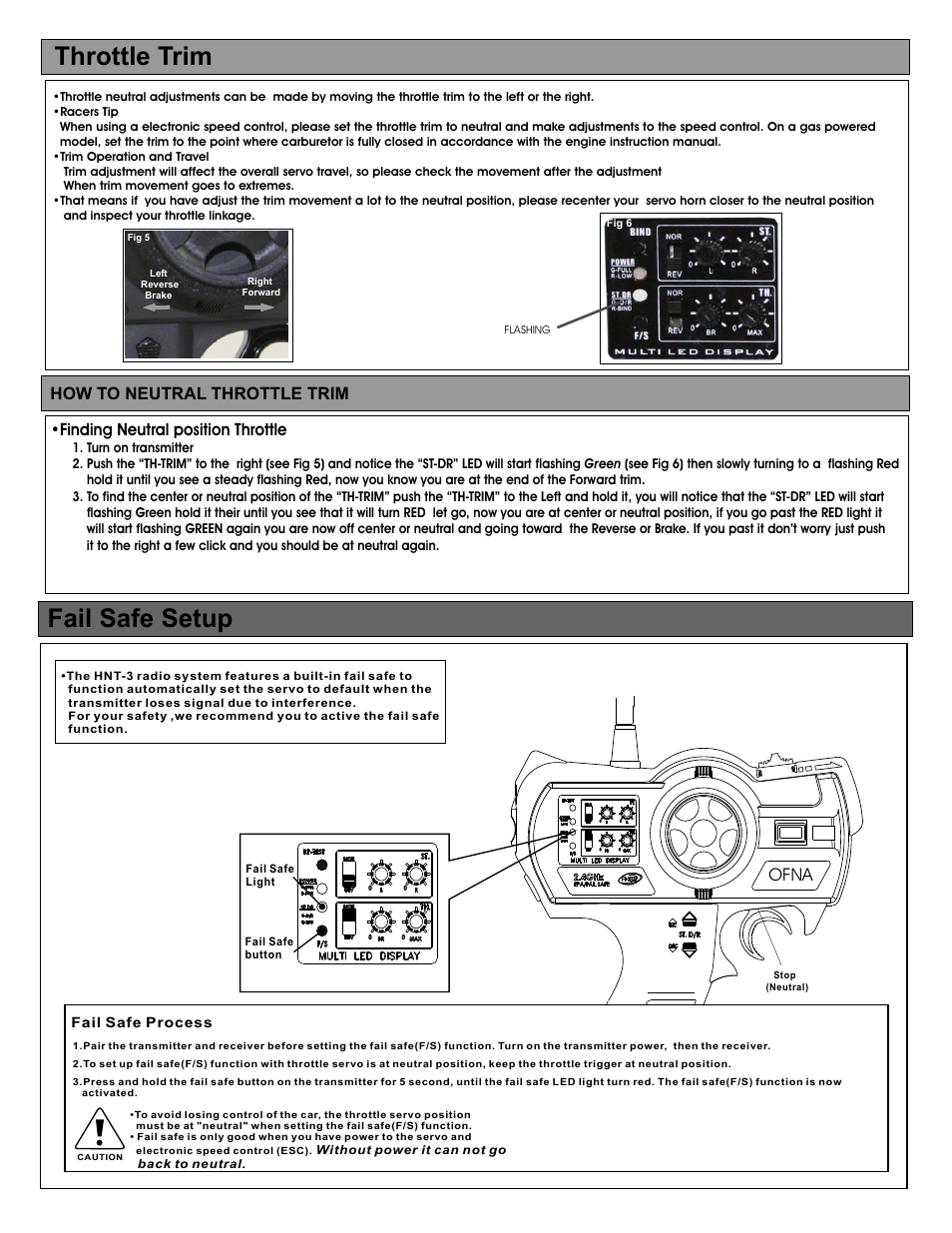 Throttle trim, Fail safe setup, Finding neutral position throttle | How to neutral throttle trim, Ofna | OFNA Racing Ho Bao RTR Radio User Manual | Page 7 / 9