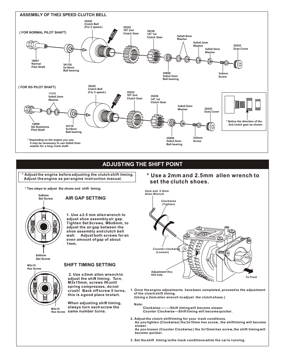Adjusting the shift point, Air gap setting shift timing setting, Assembly of the2 speed clutch bell | OFNA Racing 2-Speed, Shoe User Manual | Page 3 / 4