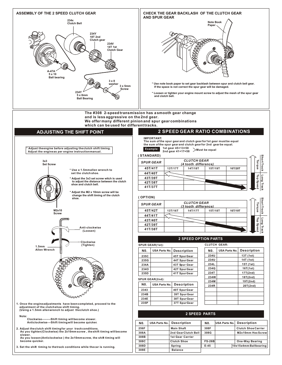 Adjusting the shift point, 2 speed gear ratio combinations | OFNA Racing 2-Speed, Shoe, Z-10 User Manual | Page 2 / 2