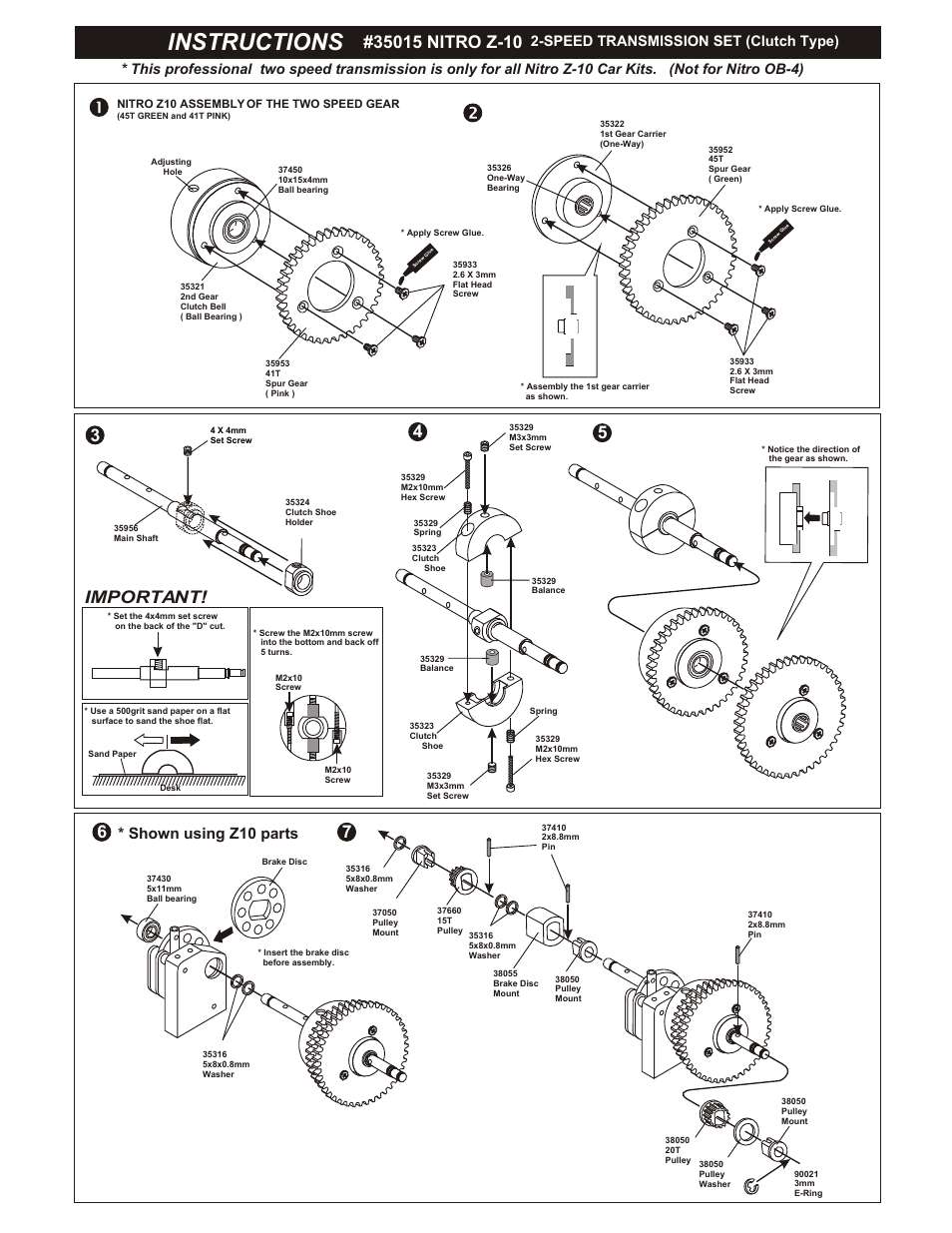 Instructions, Important, Shown using z10 parts | Speed transmission set (clutch type) | OFNA Racing 2-Speed, Shoe, HPI & Z10 - 1/10th Scale User Manual | Page 2 / 3