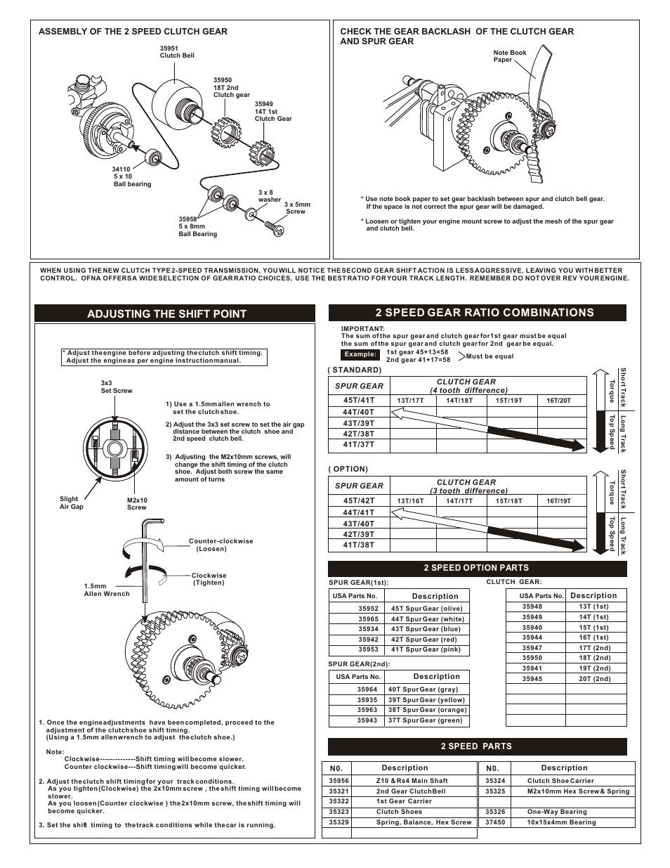 Adjusting the shift point, 2 speed gear ratio combinations | OFNA Racing 2-Speed, Shoe, HPI & Z10 - 1/10th Scale User Manual | Page 3 / 3