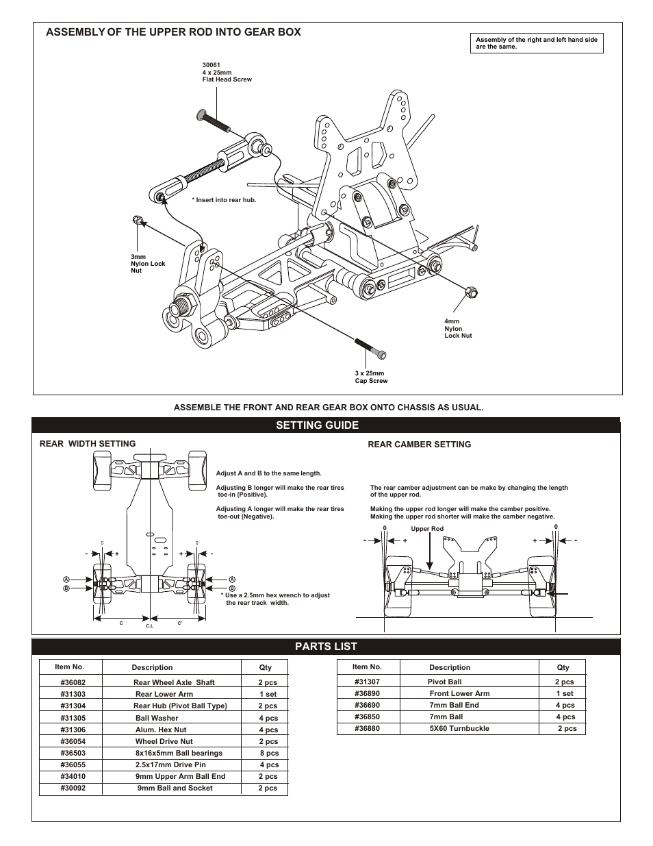 Assembly of the upper rod into gear box, Setting guide, Parts list | OFNA Racing Buggy Pivot Ball Kit User Manual | Page 2 / 2