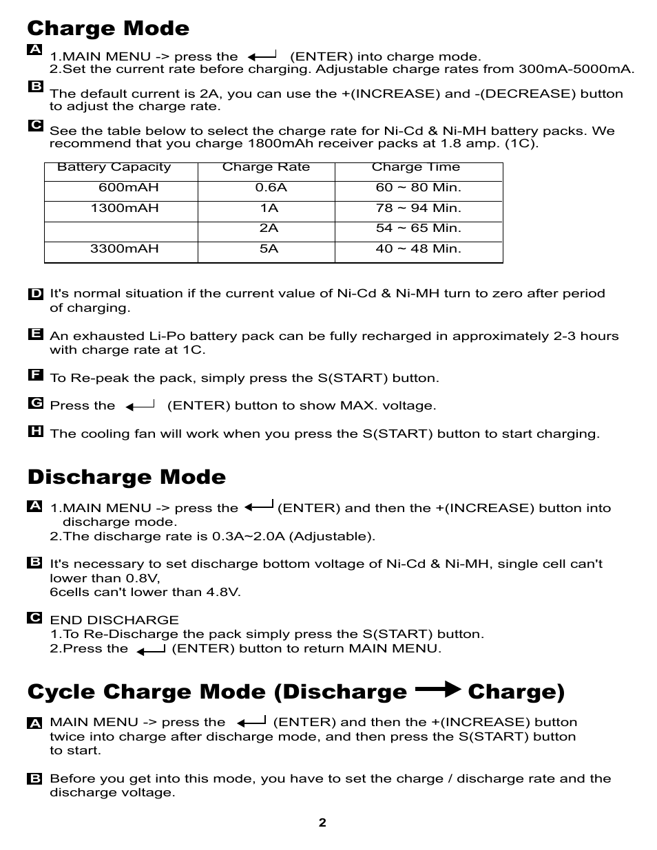 Charge mode, Discharge mode, Cycle charge mode (discharge charge) | OFNA Racing 91849 DigiPeak 3 User Manual | Page 2 / 7