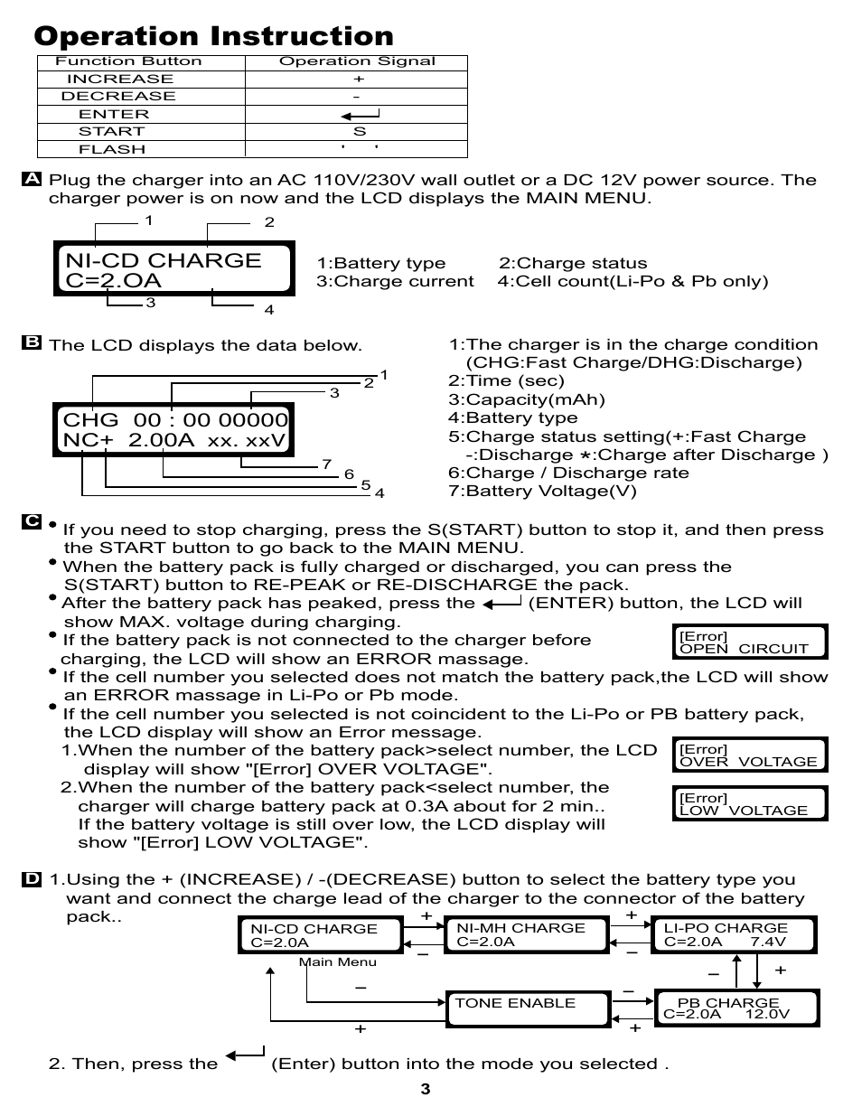 Operation instruction, Ni-cd charge c=2.oa | OFNA Racing 91849 DigiPeak 3 User Manual | Page 3 / 7
